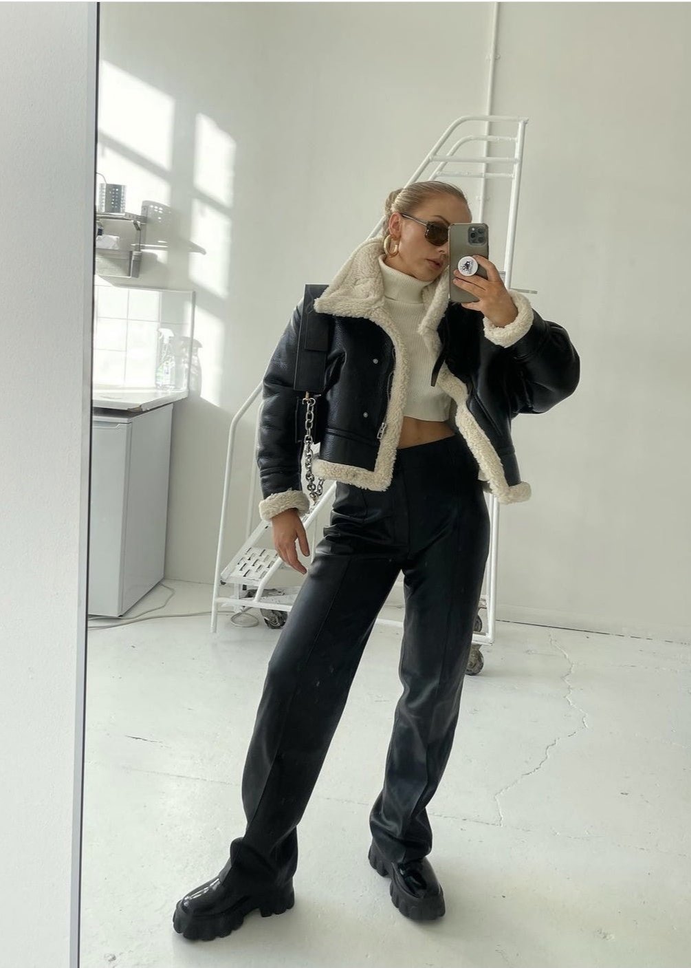 Veste en simili cuir doublée en shearling - Style audacieux rencontre confort douillet