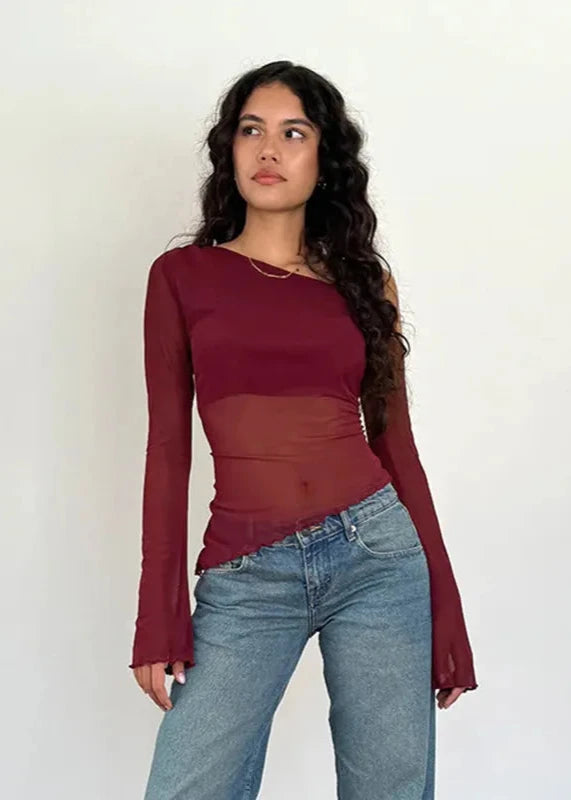 Asymmetrische Doorzichtige Off-Shoulder Lange Mouwen Top