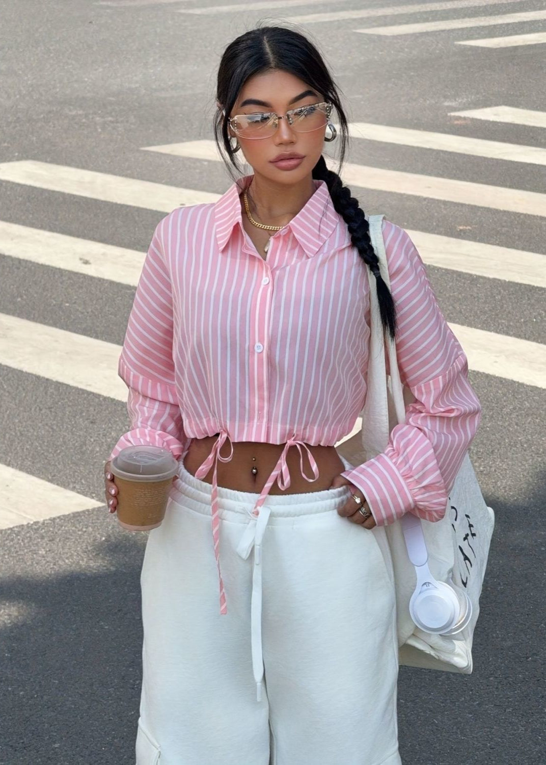 Savina - Camisa corta con botones a rayas y cordón