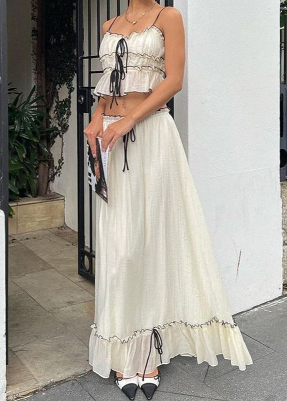 Conjunto Isla Bow-Tie con Volantes – Conjunto de Dos Piezas Falda Larga y Top Corto