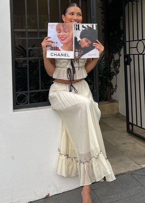 Conjunto Isla Bow-Tie con Volantes – Conjunto de Dos Piezas Falda Larga y Top Corto