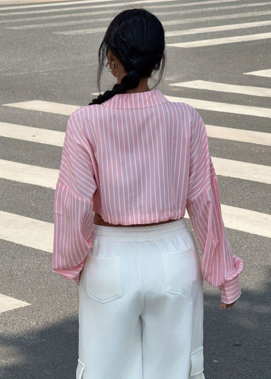 Savina - Camisa corta con botones a rayas y cordón