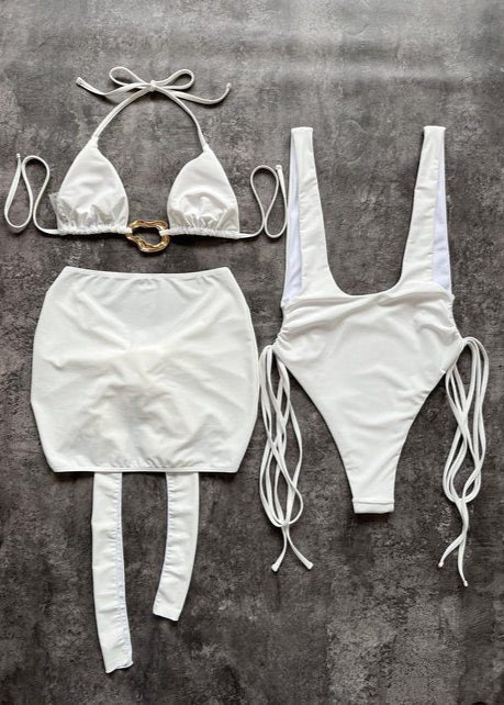 White Sands - Conjunto de traje de baño 3 en 1 con falda envolvente recortada
