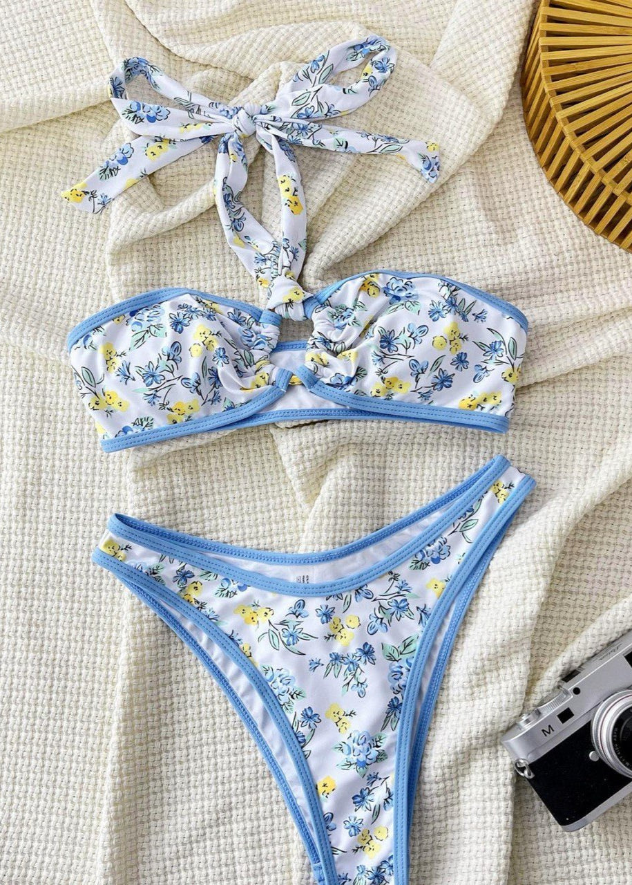 Conjunto de bikini halter Blue Blossom - Traje de baño floral sin tirantes con braguitas de cintura alta