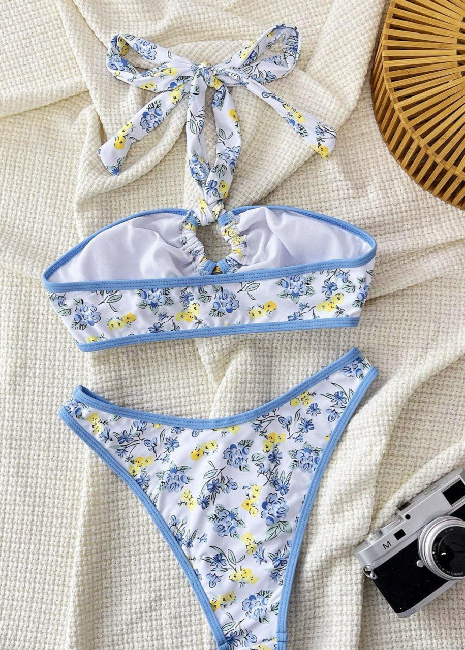 Conjunto de bikini halter Blue Blossom - Traje de baño floral sin tirantes con braguitas de cintura alta