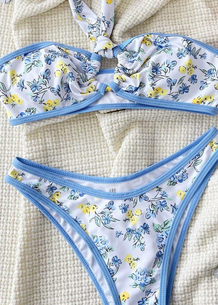 Conjunto de bikini halter Blue Blossom - Traje de baño floral sin tirantes con braguitas de cintura alta