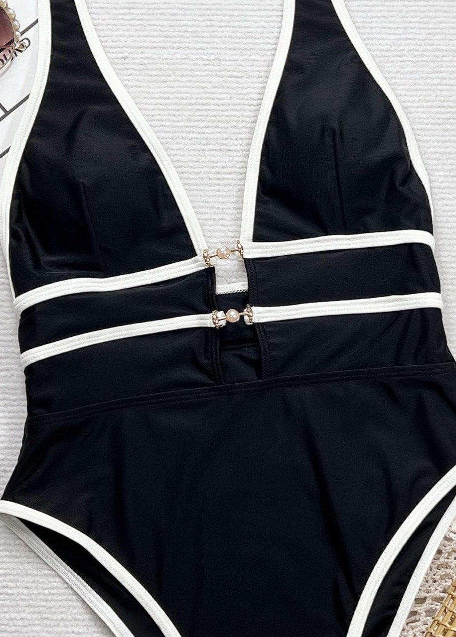 Sableline - Traje de baño de una pieza con escote en V profundo y halter