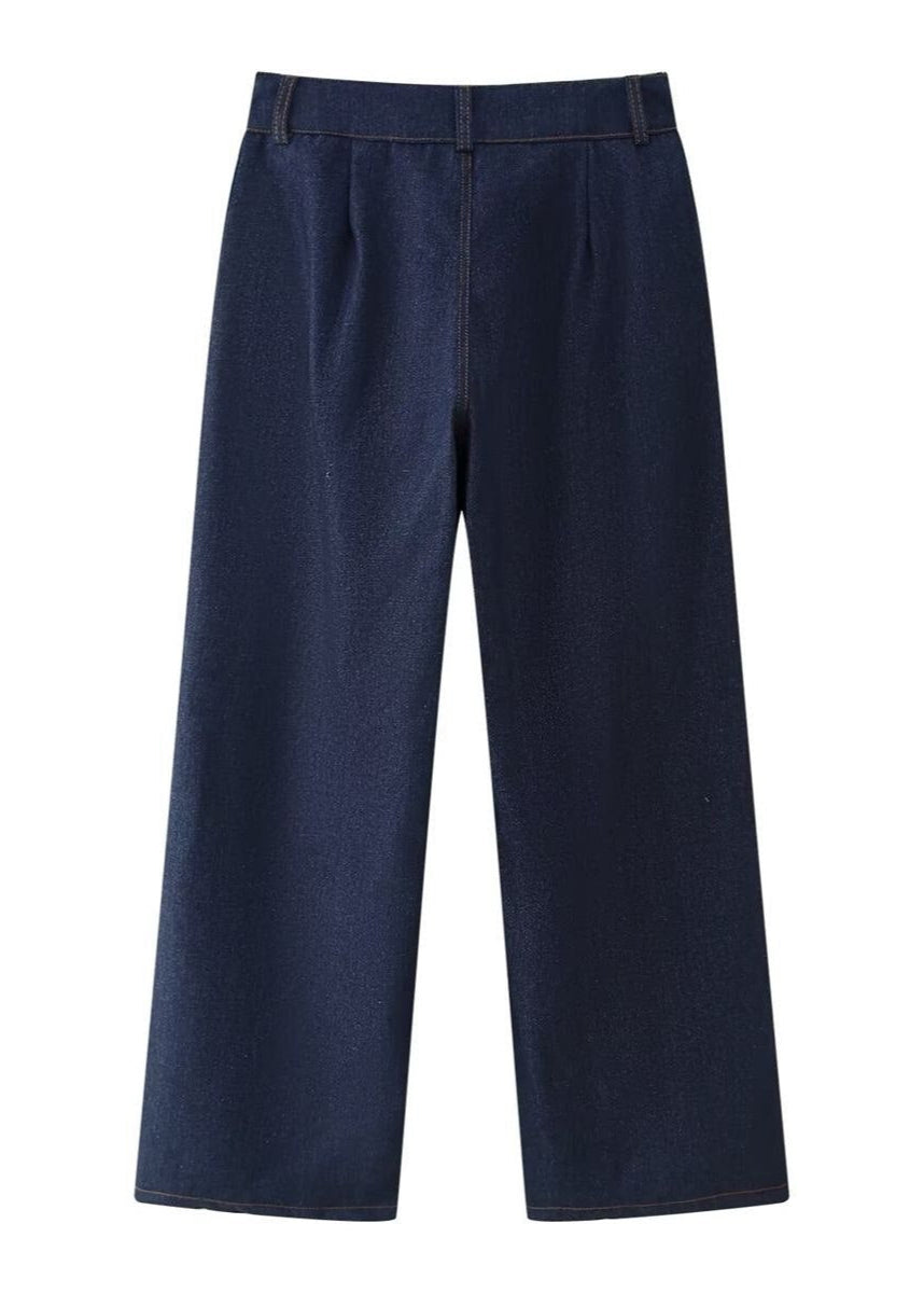 Conjunto de mezclilla índigo estructurada – chaqueta oversized con cinturón y pantalones de pierna recta