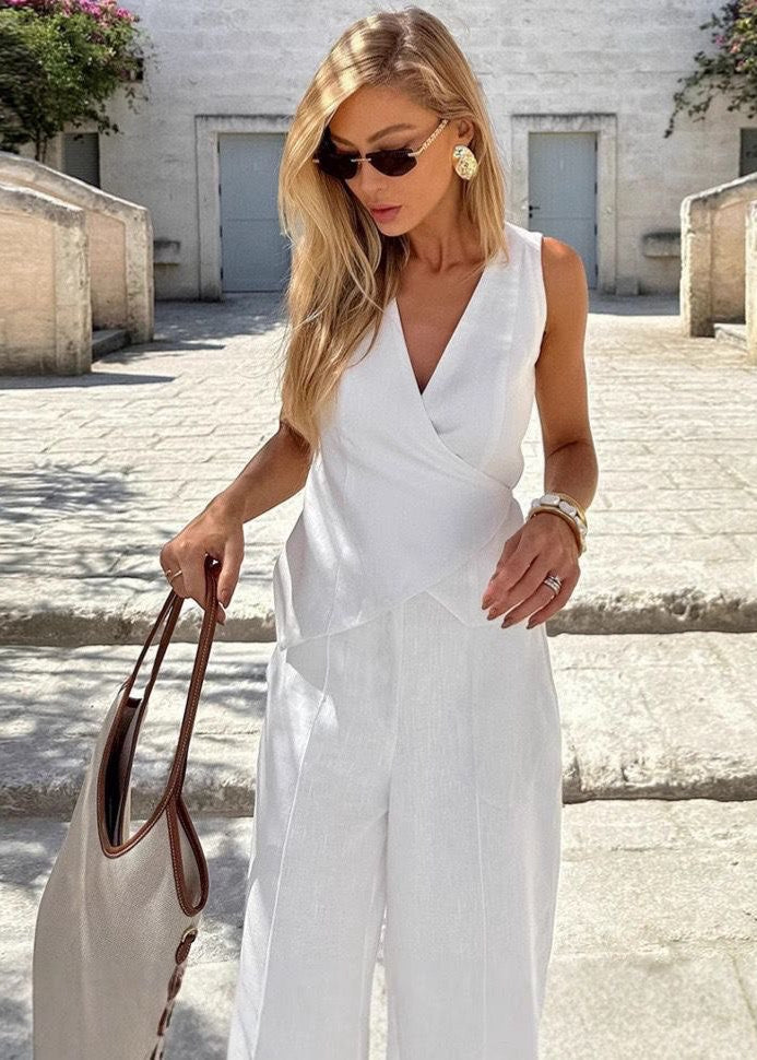 White Haven - Conjunto de top cruzado sin mangas y pantalones de pierna ancha