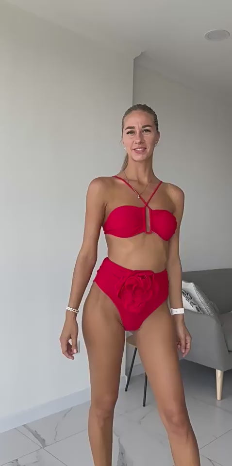 Scarlet Bloom - Ensemble de Bikini Floral Taille Haute
