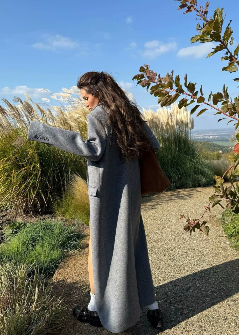 Double-Breasted Long Wool-Blend Coat – Gray