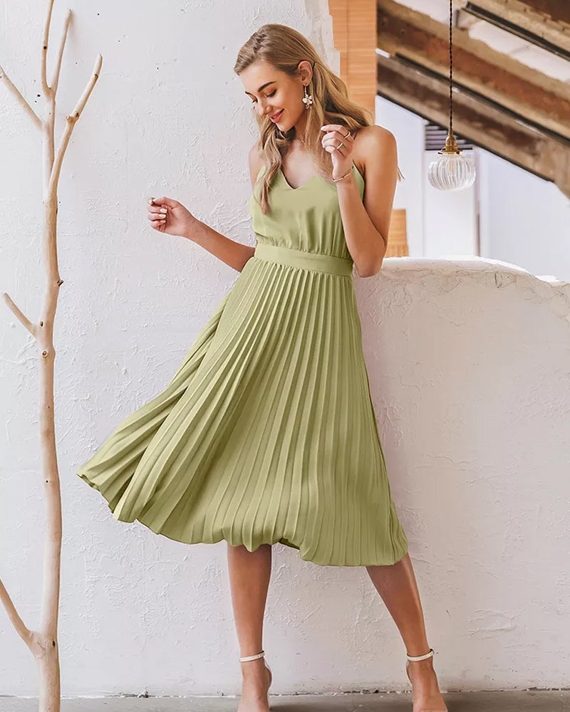 Olive-Mist Pleated Dress