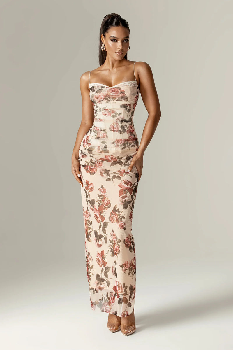 Valencia Bloom - Corset Maxi Dress with Italian Rose Print