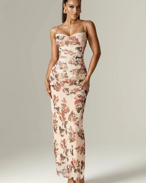 Valencia Bloom - Corset Maxi Dress with Italian Rose Print