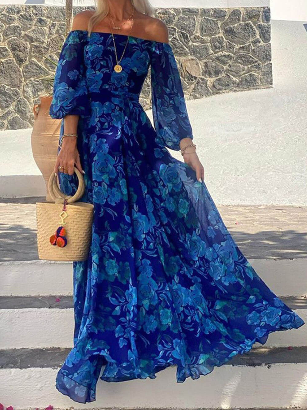 Marbella Blue - Floral Off Shoulder Smocked Maxi Dress - VibeSoothe