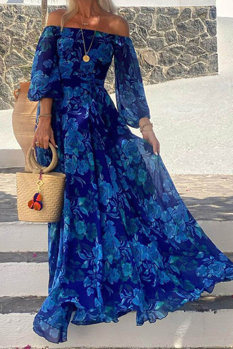 Marbella Blue - Floral Off Shoulder Smocked Maxi Dress - VibeSoothe