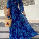 Marbella Blue - Floral Off Shoulder Smocked Maxi Dress - VibeSoothe