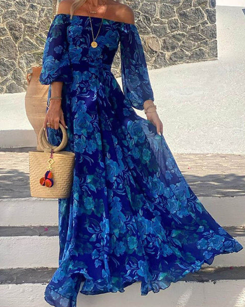 Marbella Blue - Floral Off Shoulder Smocked Maxi Dress - VibeSoothe