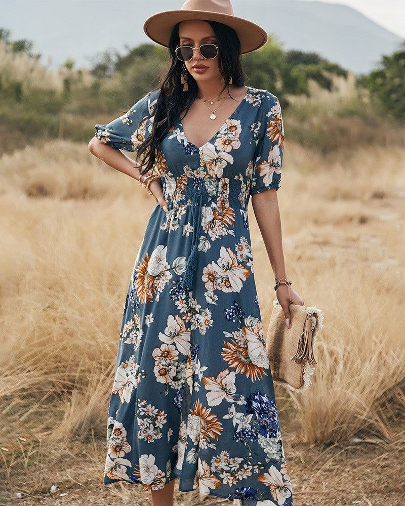 Blue Meadow - Long Floral Dress - VibeSoothe