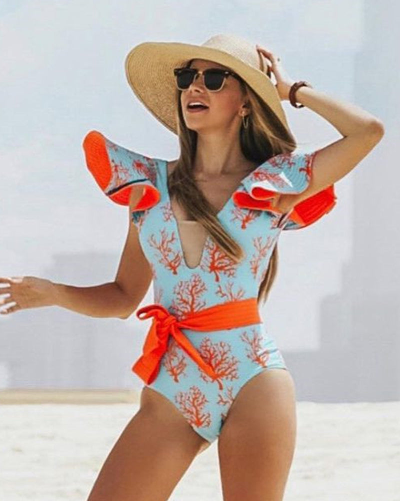 Maillot de bain 1 pièce fleuri orange - ANABELLE - VibeSoothe