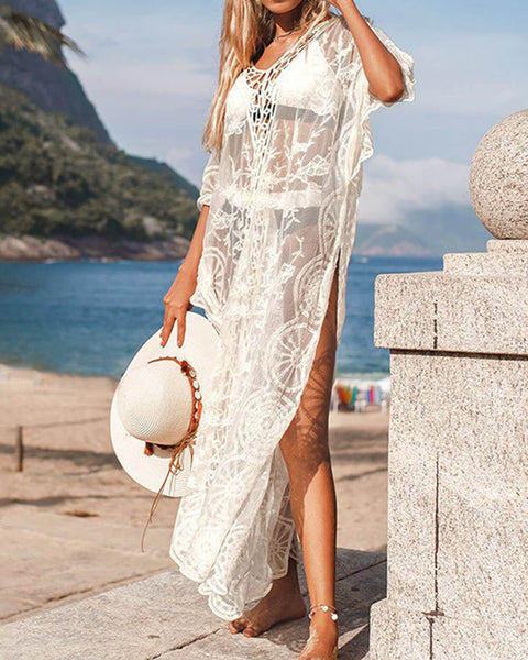 Malibu Serenity - Crochet Lace Maxi Dress - VibeSoothe