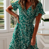 Emerald-Bloom Wrap Dress - VibeSoothe