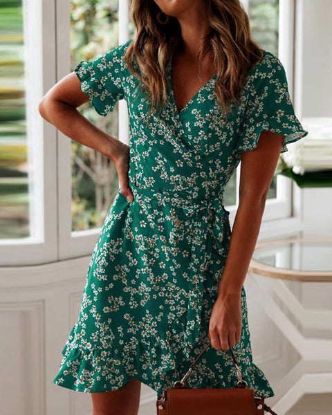 Emerald-Bloom Wrap Dress - VibeSoothe