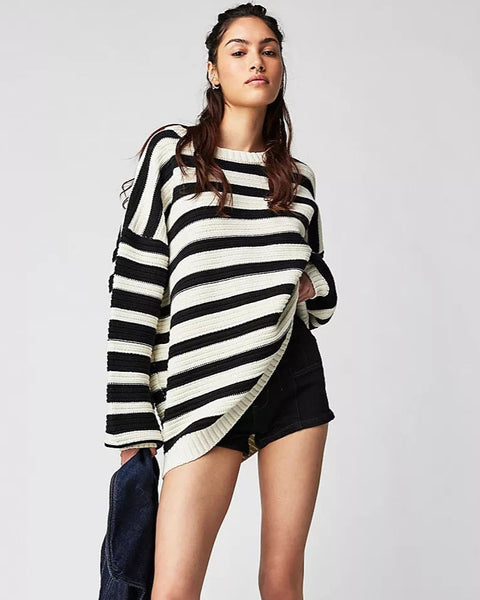 Printed Striped Long Sleeve Pullover Crew Neck Sweater