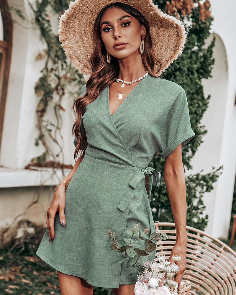 Jade Garden -Short-sleeved Waist Tie Jumpsuit - VibeSoothe