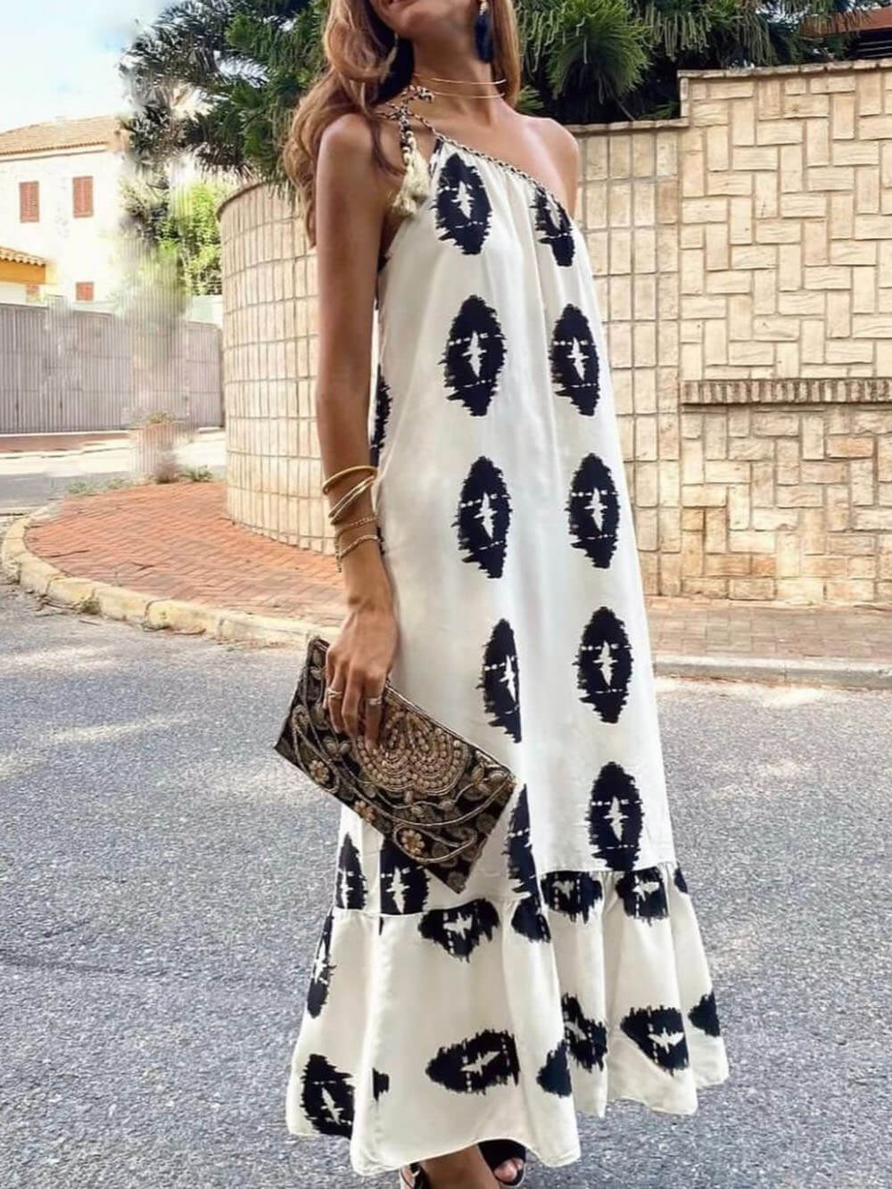 Aztec-Whispers One-Shoulder Maxi Dress - VibeSoothe