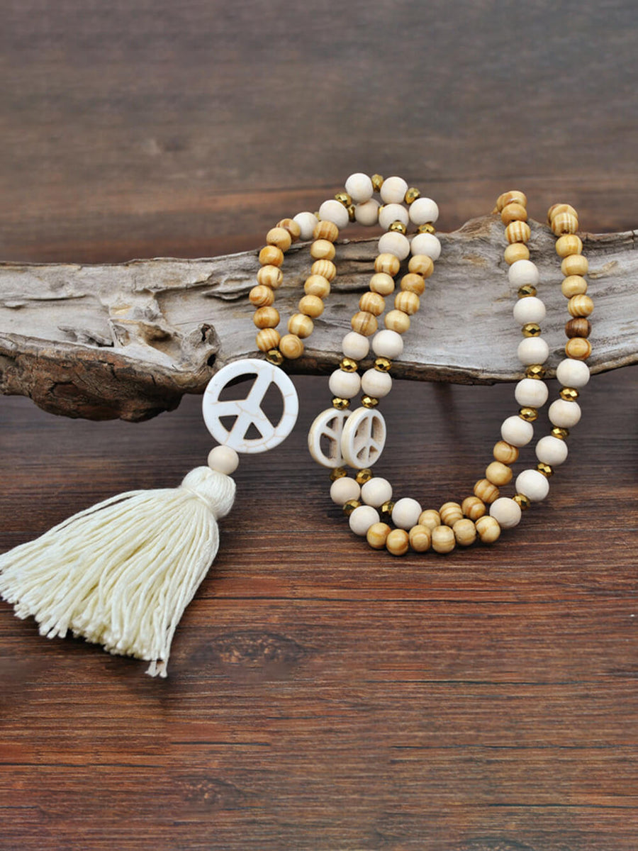 Handmade Wooden Beads Tassel and Peace Charm Pendant Long Necklace - VibeSoothe