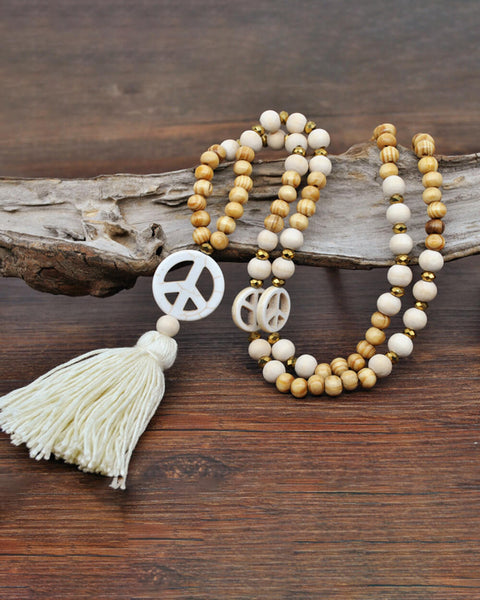 Handmade Wooden Beads Tassel and Peace Charm Pendant Long Necklace - VibeSoothe