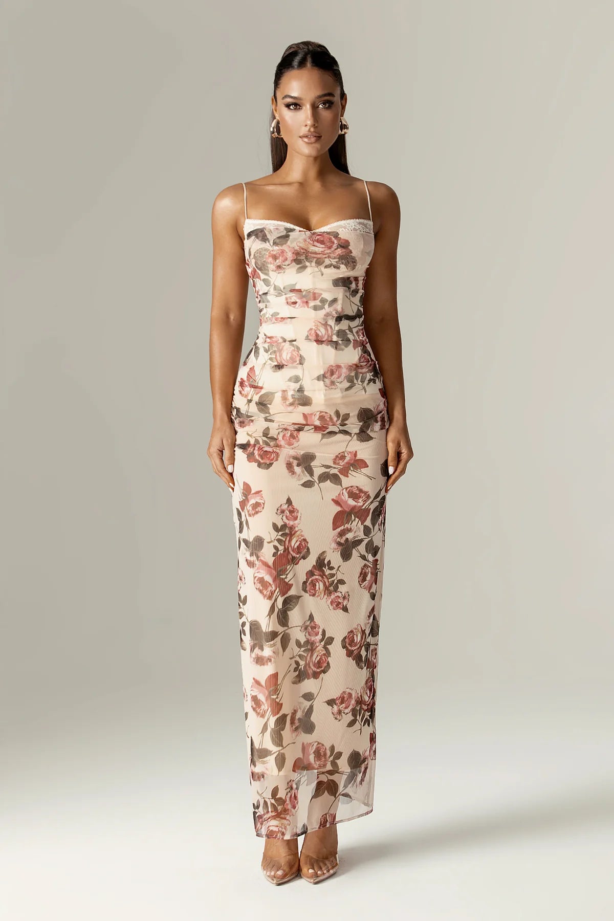 Valencia Bloom - Korset Maxi-jurk met Italiaanse rozenprint