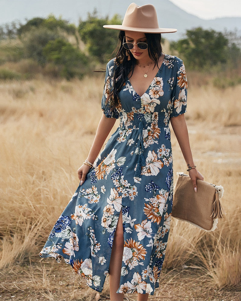 Blue Meadow - Long Floral Dress - VibeSoothe