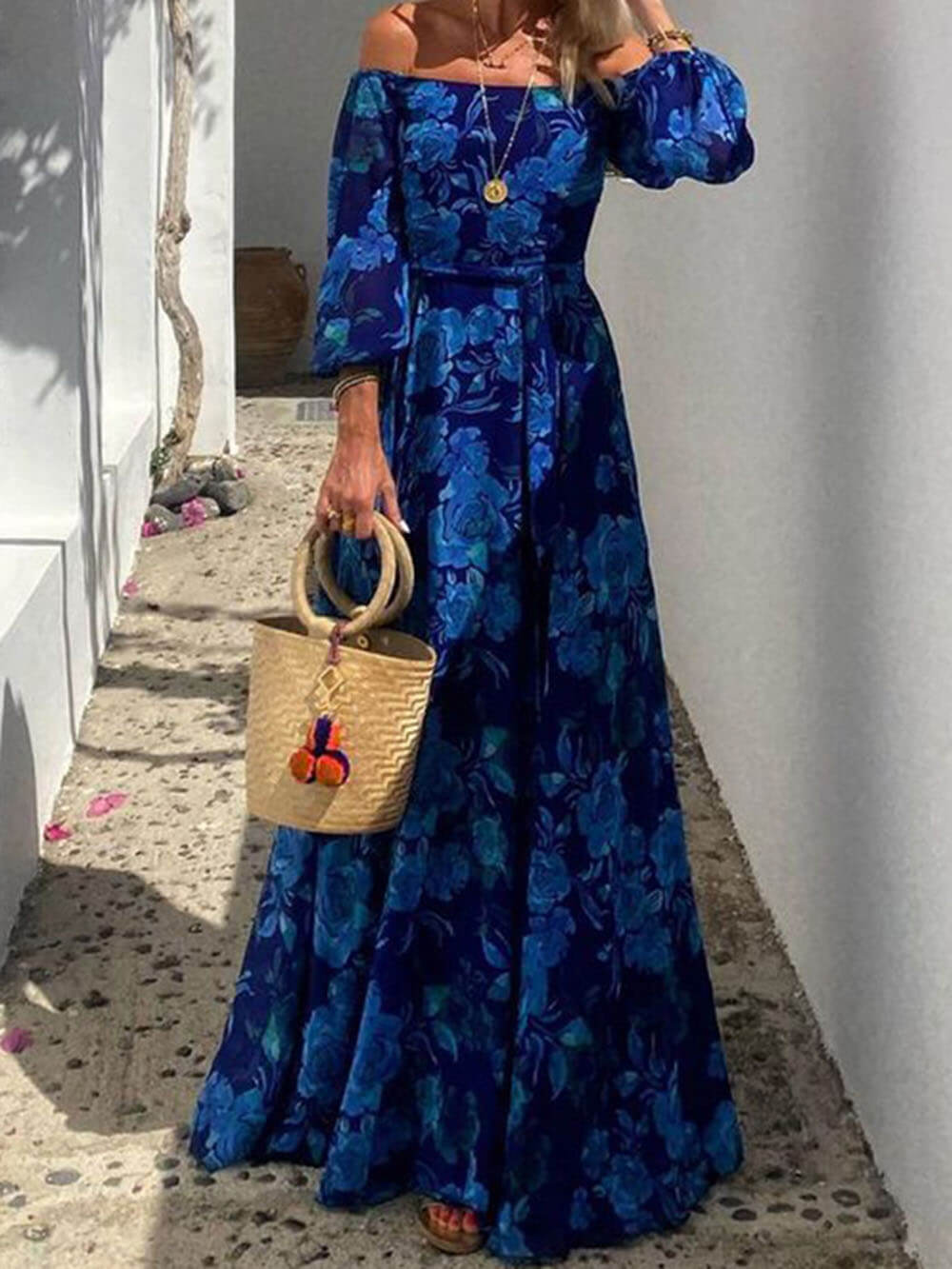 Marbella Blue - Floral Off Shoulder Smocked Maxi Dress - VibeSoothe