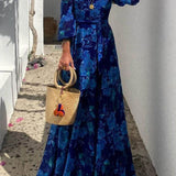 Marbella Blue - Floral Off Shoulder Smocked Maxi Dress - VibeSoothe