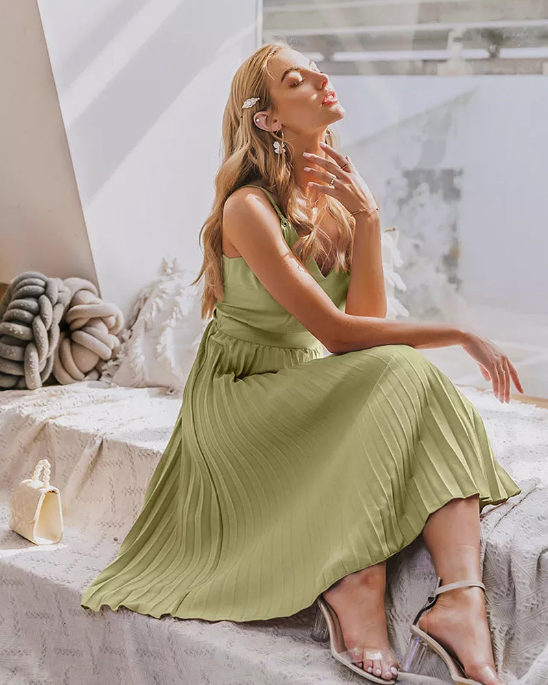 Olive-Mist Pleated Dress