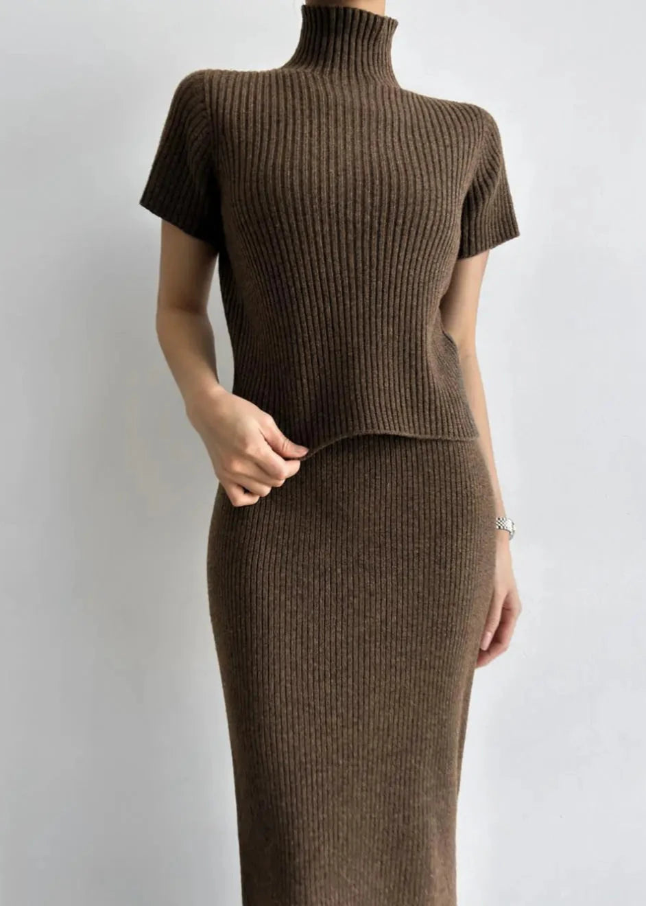 Minimalist Mock Neck Knit Skirt Set