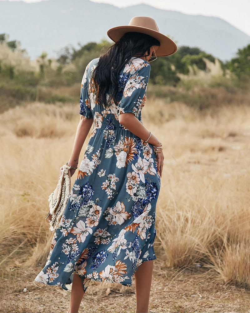 Blue Meadow - Long Floral Dress - VibeSoothe