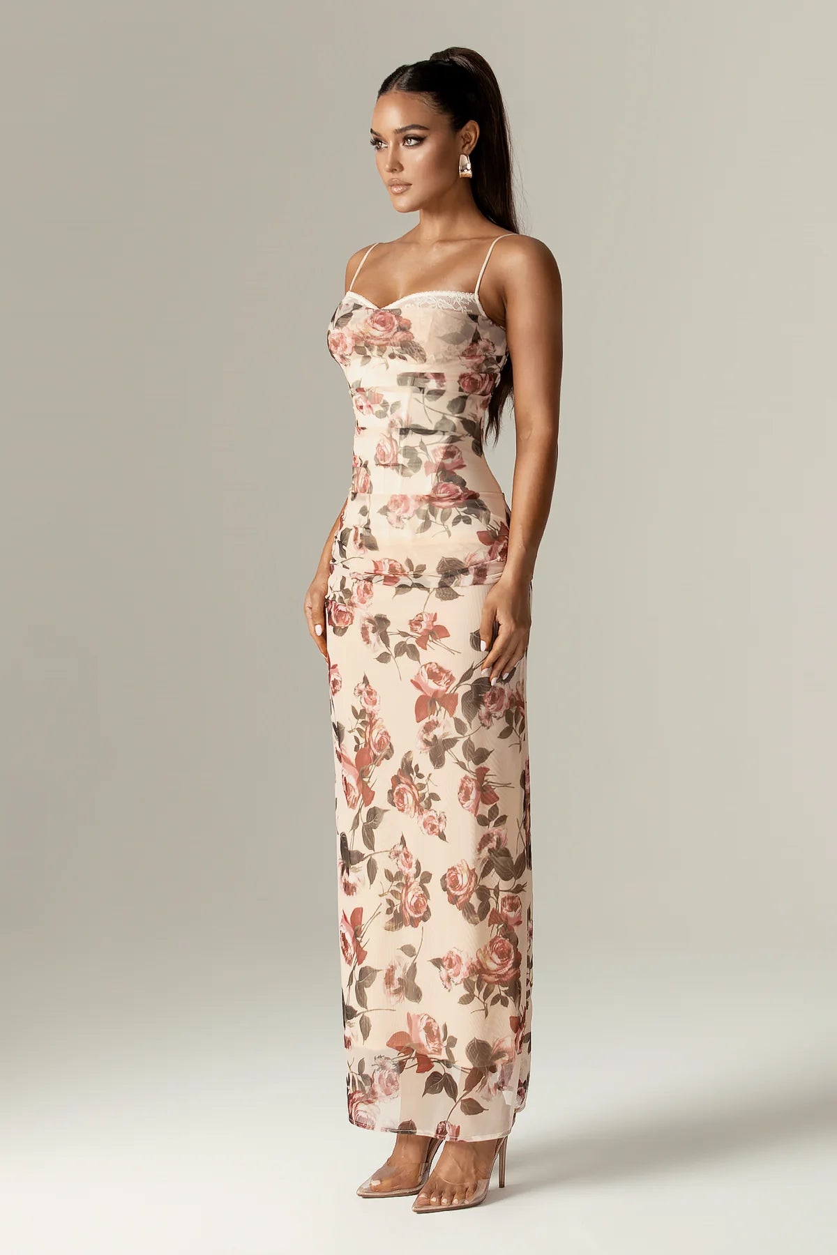 Valencia Bloom - Korset Maxi-jurk met Italiaanse rozenprint