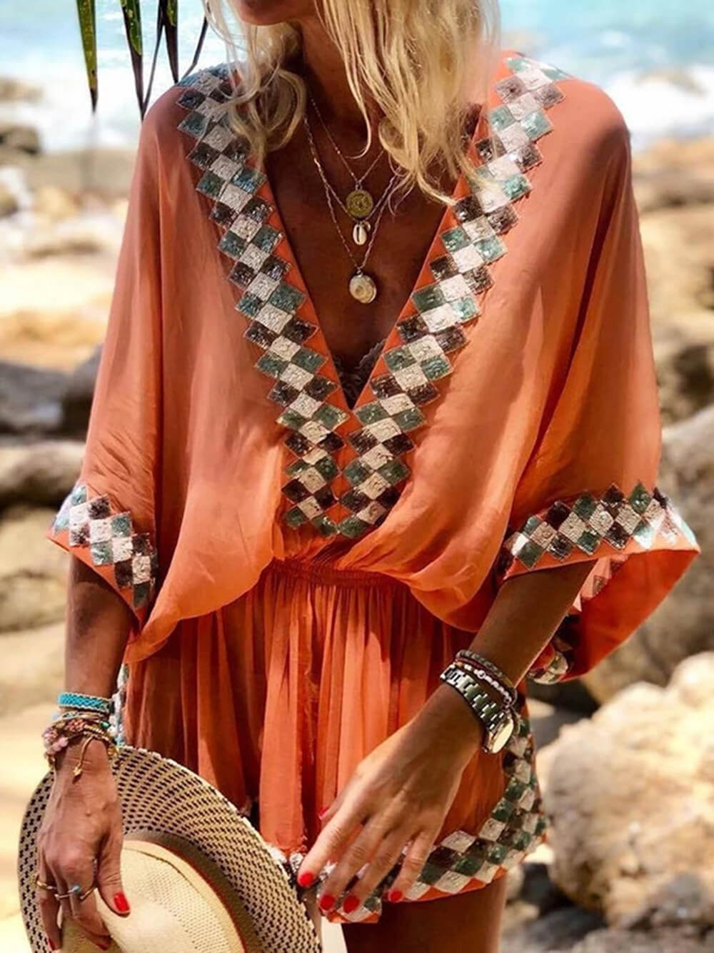 Bohemian Beach Print Kimono Romper - VibeSoothe