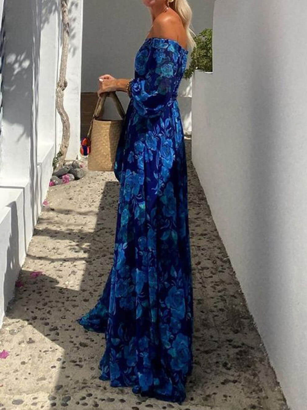 Marbella Blue - Floral Off Shoulder Smocked Maxi Dress - VibeSoothe