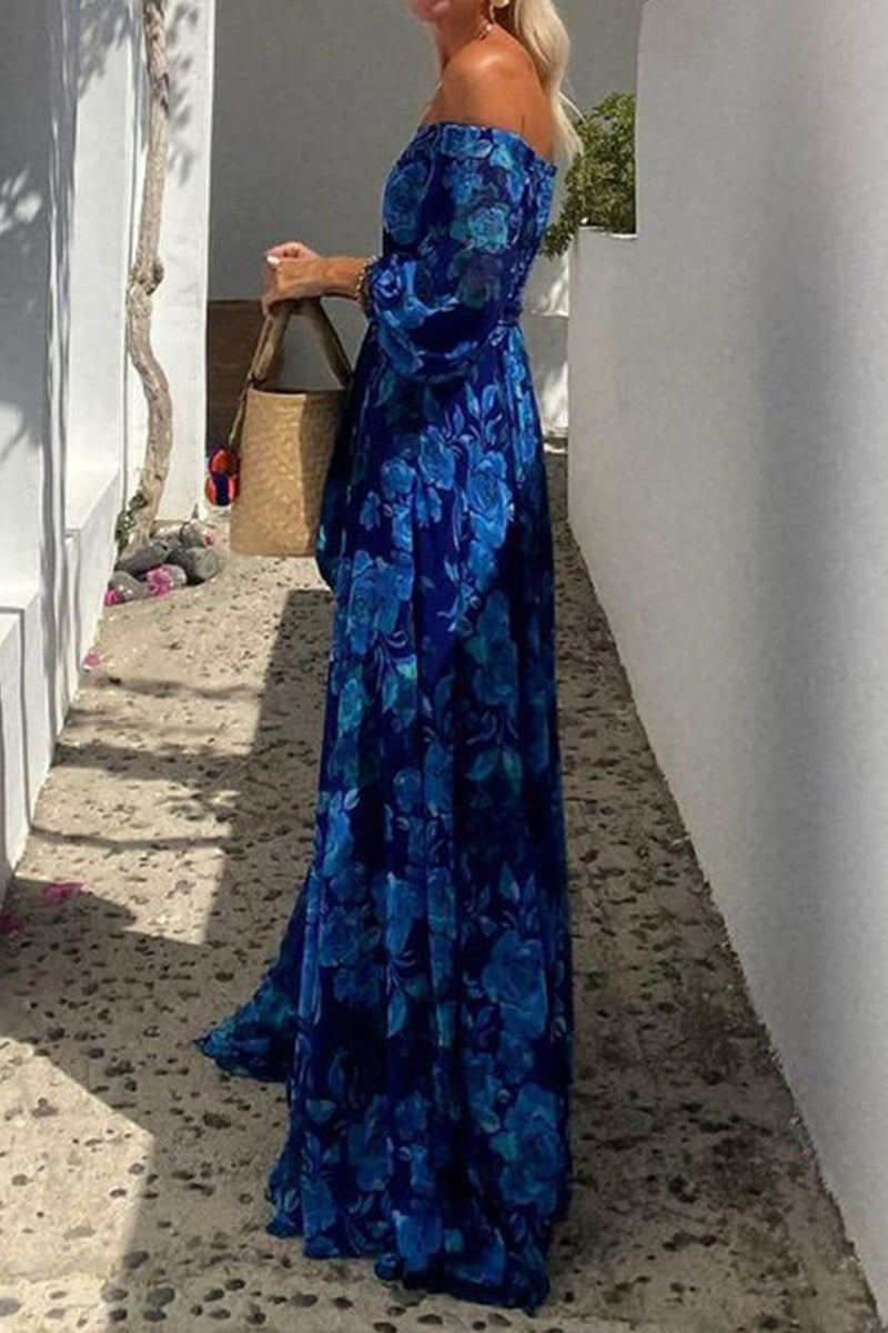 Marbella Blue - Floral Off Shoulder Smocked Maxi Dress - VibeSoothe