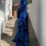 Marbella Blue - Floral Off Shoulder Smocked Maxi Dress - VibeSoothe