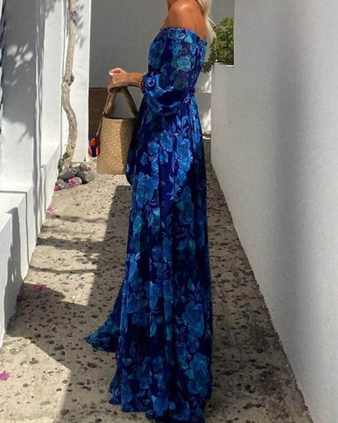 Marbella Blue - Floral Off Shoulder Smocked Maxi Dress - VibeSoothe