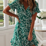 Emerald-Bloom Wrap Dress - VibeSoothe