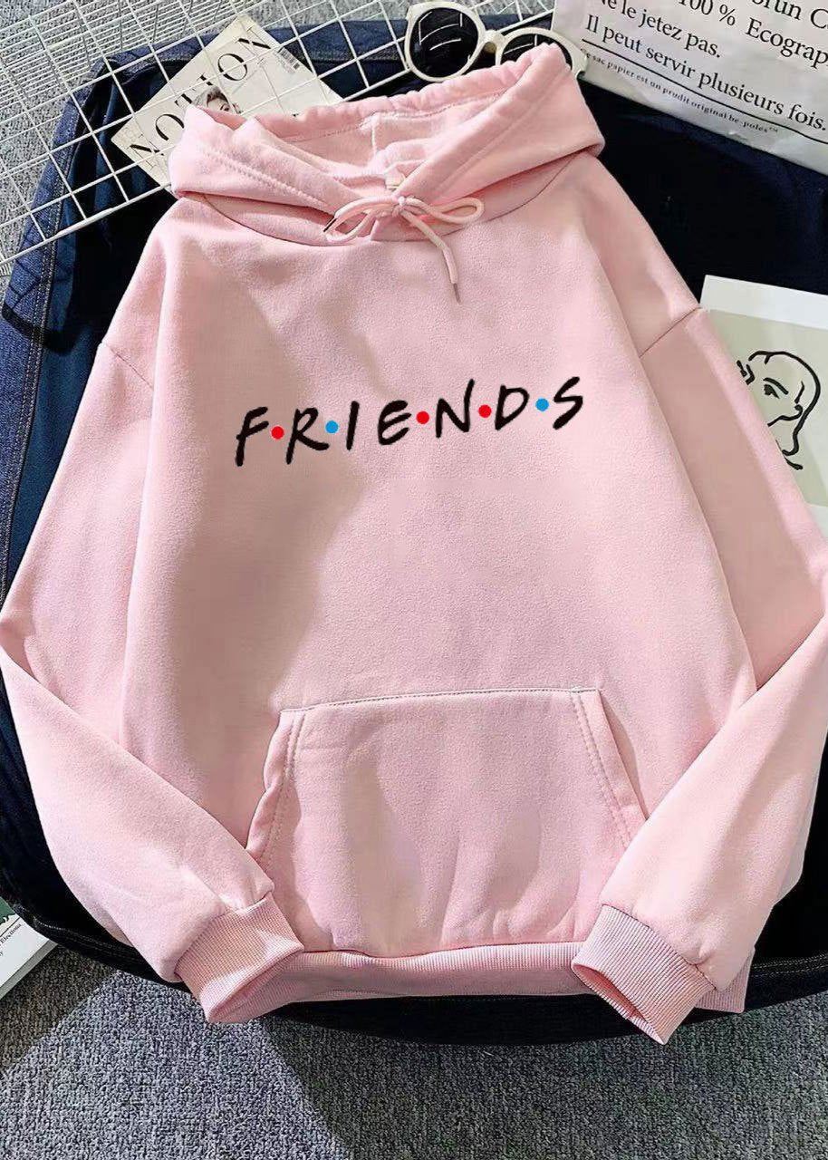 Women's Letter Friend Print Long Sleeve Hooded Sweatshirt - VibeSoothe