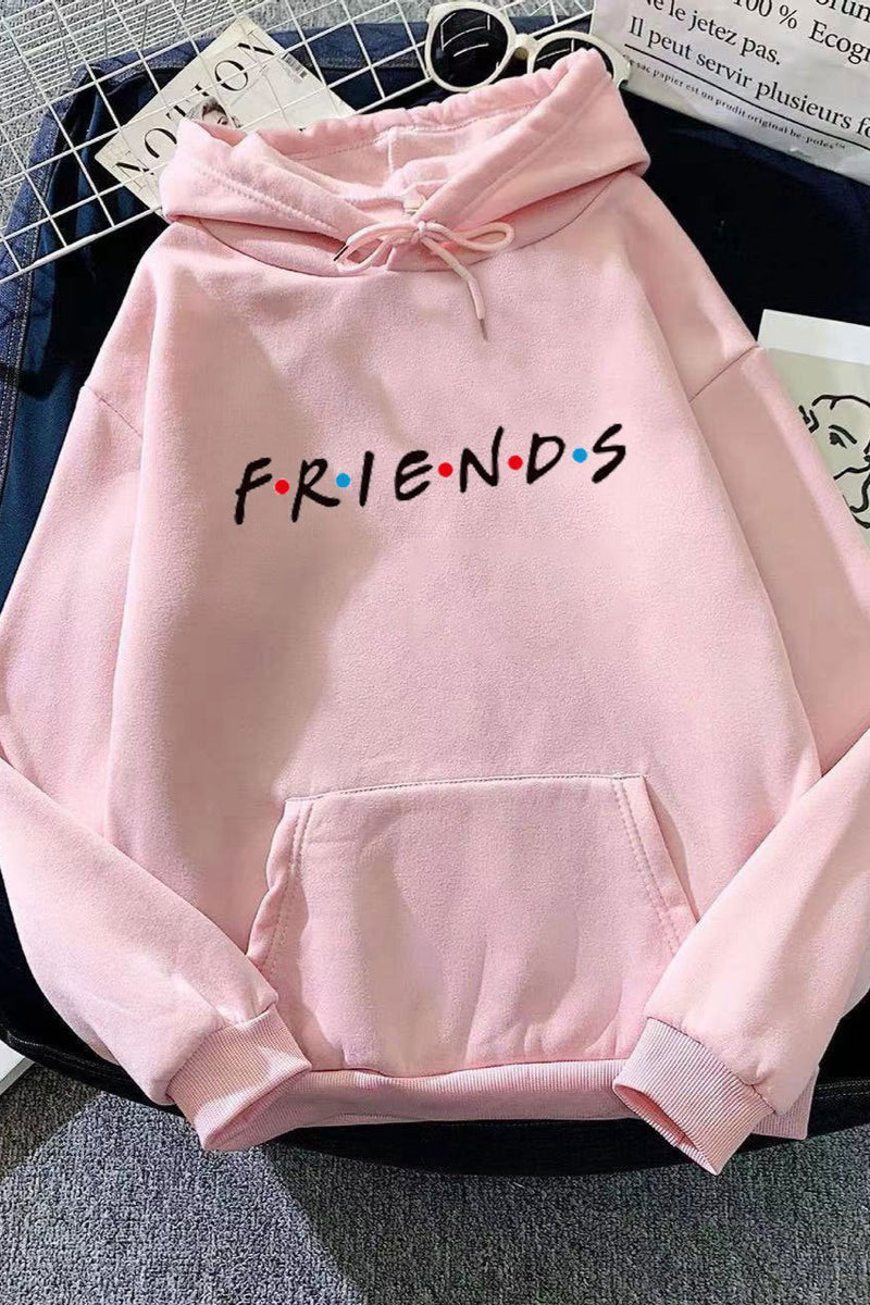 Women's Letter Friend Print Long Sleeve Hooded Sweatshirt - VibeSoothe