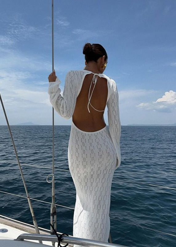 Coastal Allure - Open Back White Knit Maxi Dress