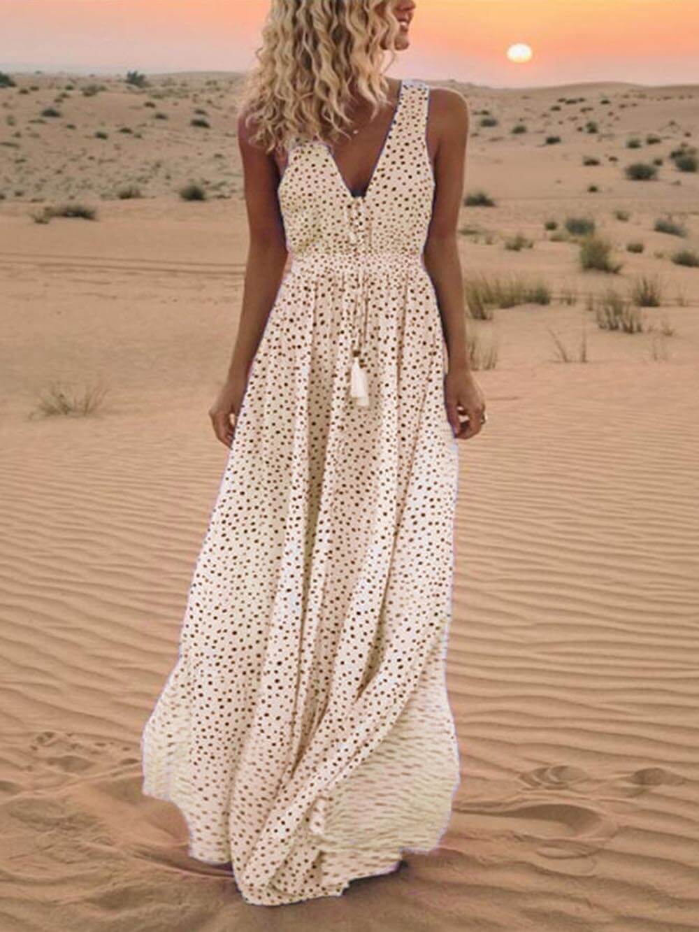 Desert Dream - V-Neck Sleeveless Maxi Dress - VibeSoothe